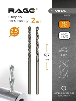 Сверло по металлу 2.5 мм P6M5 2 шт RAGE by VIRA