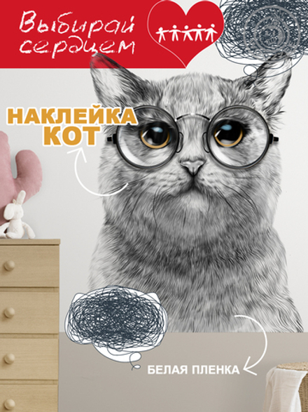Наклейка декоративная "Кот с черными глазами в прозрачных очках"