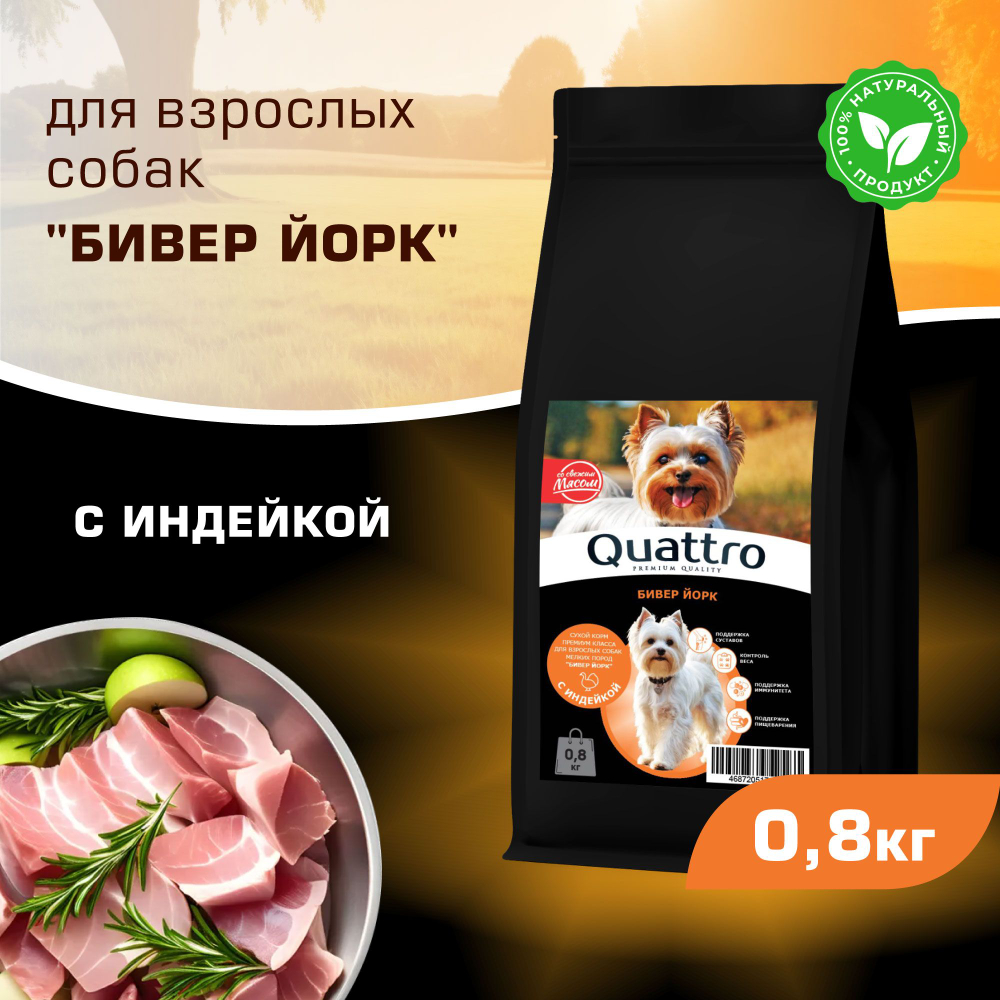 Корм сухой для взрослых собак породы Бивер Йорк, с индейкой, 800 гр, QUATTRO