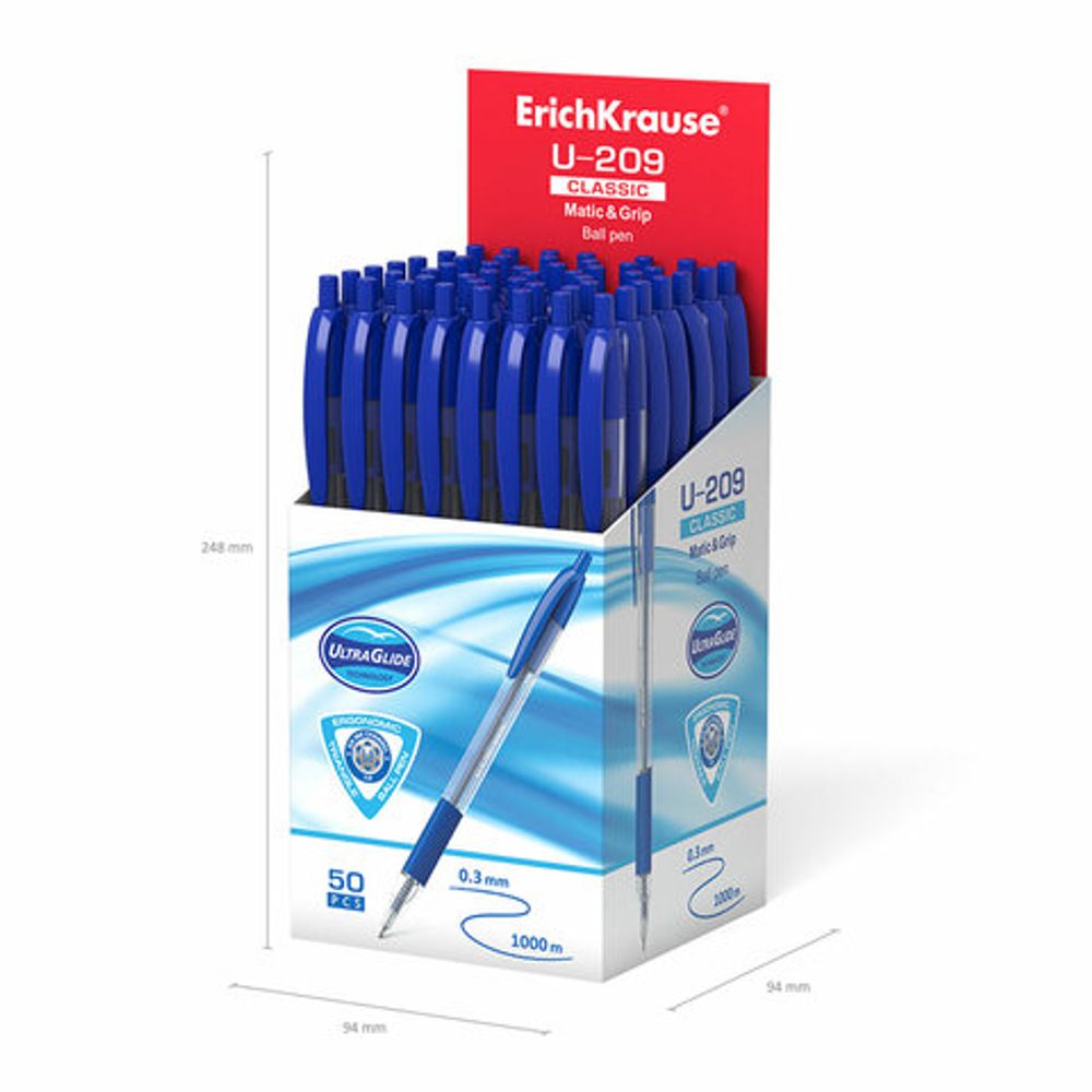 Ручка шариковая масляная автоматическая с грипом ERICH KRAUSE "U-209 Classic", 1шт, СИНЯЯ, узел 1,0 мм, линия письма 0,3 мм, 47578