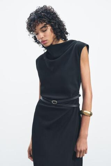 ZARA ПЛАТЬЕ МИДИ ИЗ КОЛЛЕКЦИИ ZW С ПОЯСОМ, ЧЕРНЫЙ