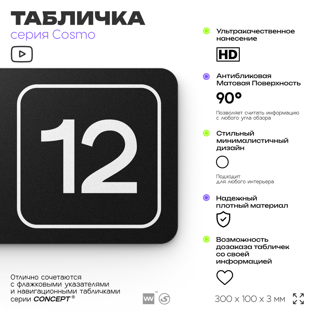 Таблички с номером помещения "Помещение №12", номер на дверь, 30 х 10 см, серия COSMO 3010, черная, Айдентика Технолоджи