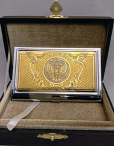 Визитница металлическая персональная "Герб РФ" №2(Златоуст) в подарочном футляре