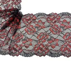 Кружево эластичное черное/красные цветы 18 см, Китай