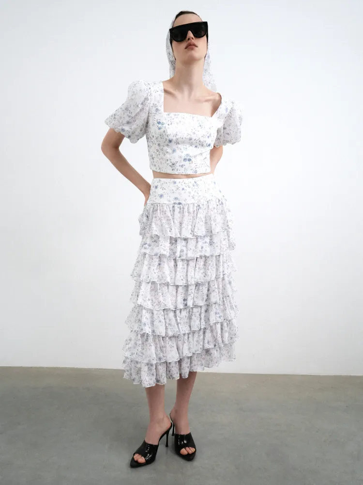 Кармелита миди (Carmelita midi), юбка миди из молочного шифона с цветочным принтом