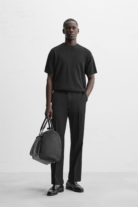 ZARA ФУТБОЛКА ПЛАТОЧНОЙ ВЯЗКИ, ЧЕРНЫЙ