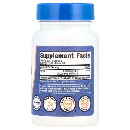 Nutricost, Фолиевая кислота, 1000 мкг, 30 капсул