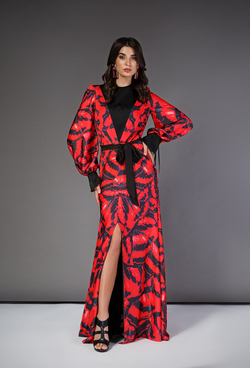 Платье в пол красное c принтом 42 -19 SS