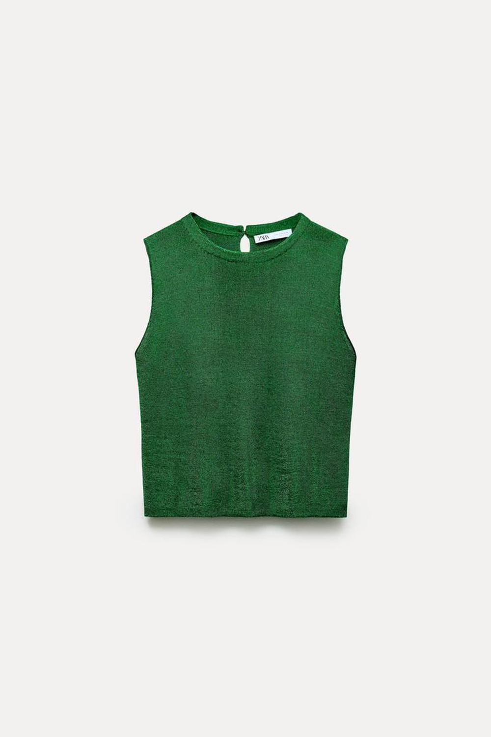 ZARA ОДНОТОННЫЙ ТРИКОТАЖНЫЙ ТОП С БЛЕСТЯЩЕЙ НИТЬЮ, ЗЕЛЕНЫЙ