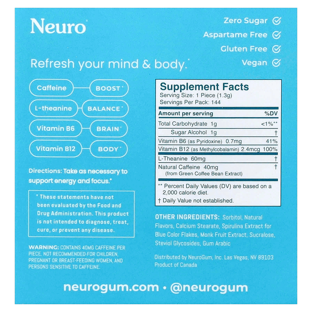 NeuroGum, мятные конфеты для энергии и концентрации, перечная мята, 12 пакетиков по 12 шт.