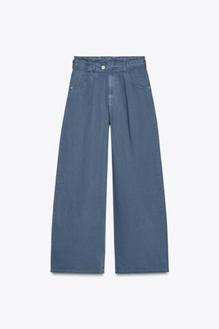 ZARA БРЮКИ СО СБОРКОЙ НА ТАЛИИ И ПОЯСОМ, СИНИЙ