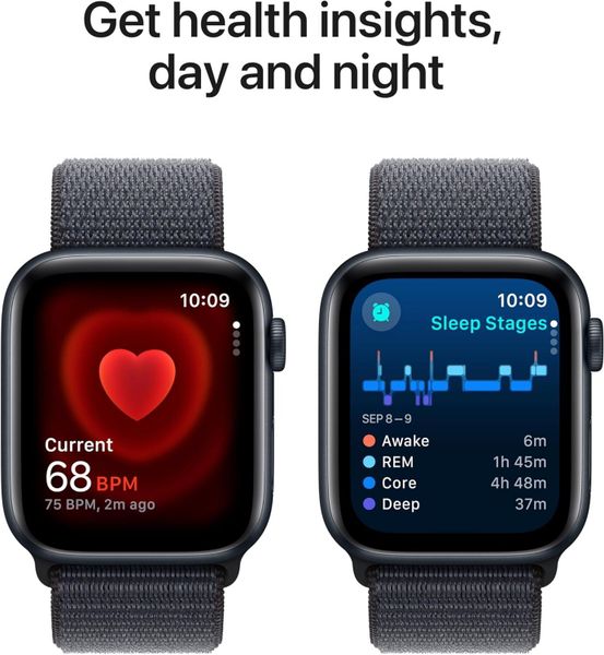 Умные часы Apple Watch SE 2024 44 мм из алюминия цвета «тёмная ночь», нейлоновый браслет темно-синего цвета