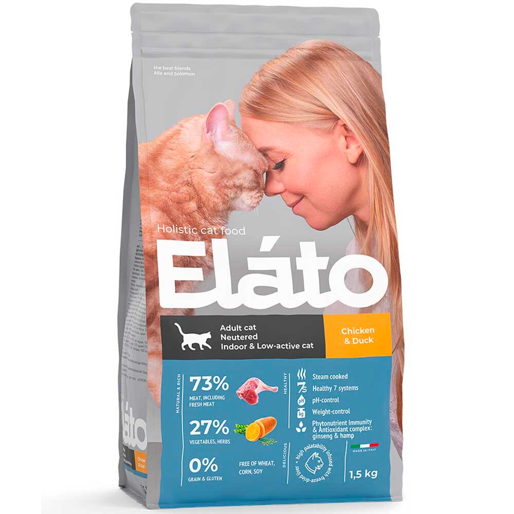 Elato Holistic корм для кастрированных котов, стерилизованных и малоактивных кошек с курицей и уткой (Adult Cat Neutered / Low-Active Cat)