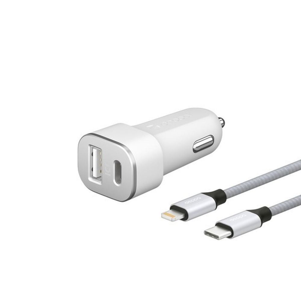 Разделитель автомобильный Deppa (MFI) USB + USB Type-C: (PD 3.0 D-11292 18 Вт) &amp;amp; Usb-кабель Type-C-Lightning нейлон Белый