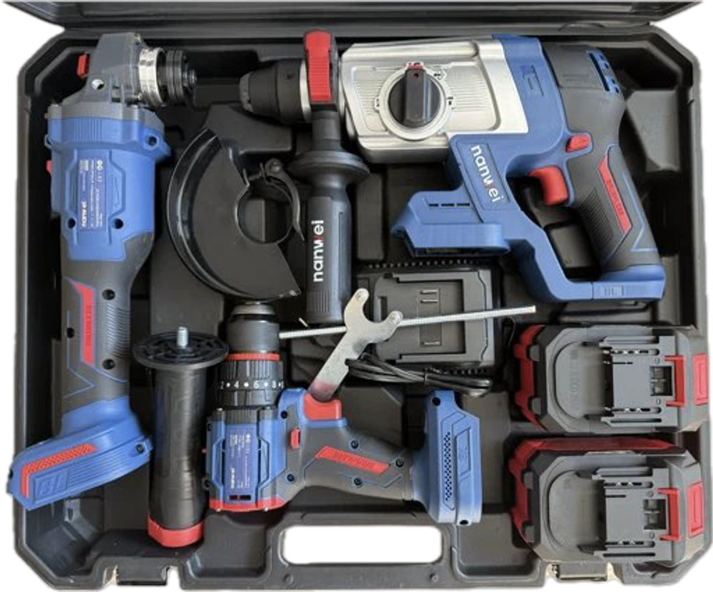 Набор аккумуляторного инструмента Nanwei в кейсе (3 в 1) УШМ NW-A8132 + Перфоратор NW-H8261 + Шуруповерт NW-D8213C + 2 АКБ по 6.0 Ah