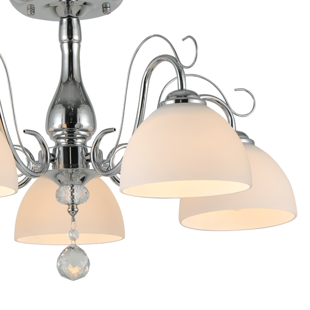 Люстра на штанге 5x40Вт E27, металл/стекло/хрусталь, хром, белый матовый плафон