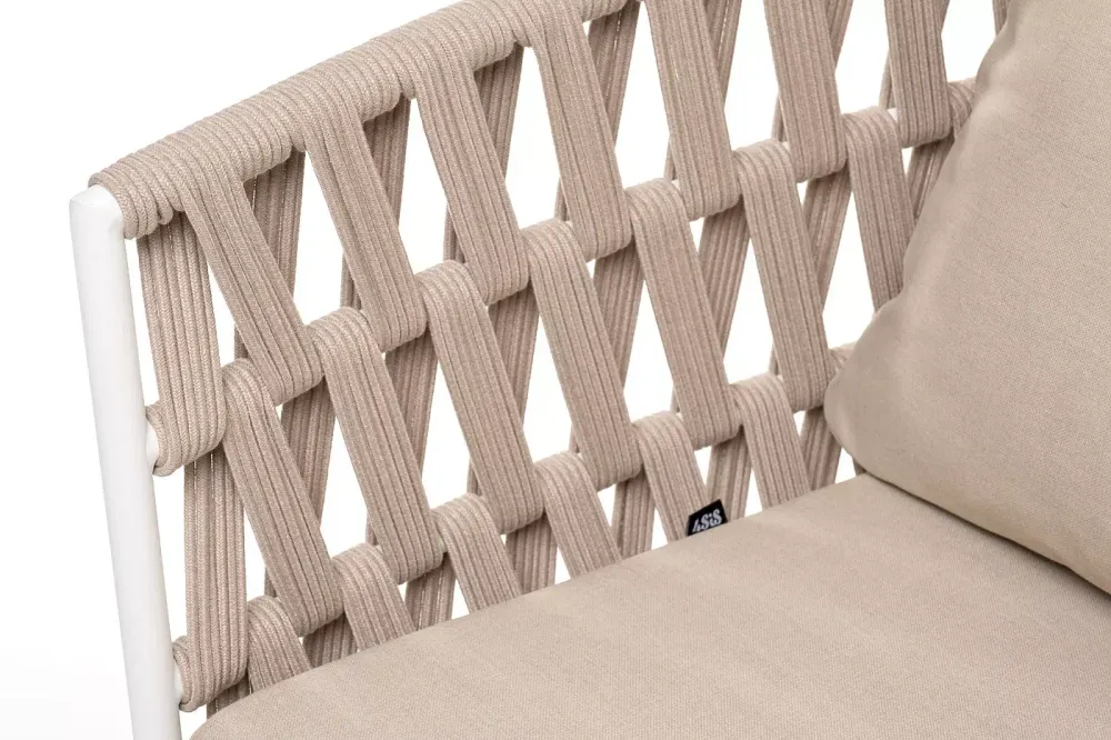 "Диего" диван 2-местный плетеный из роупа, основание дуб, каркас алюминий светло-серый (RAL7035) муар, роуп бежевый круглый, ткань бежевая 052