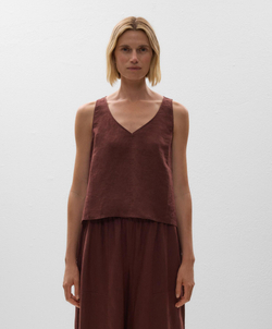 Oysho Топ из 100% льна с V-образным вырезом, шоколадный
