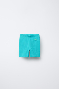 ZARA ШОРТЫ-ВЕЛОСИПЕДКИ В РУБЧИК С НАШИВКОЙ, ТЕМНО-БИРЮЗОВЫЙ