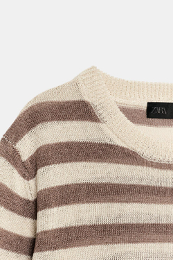 ZARA ТРИКОТАЖНЫЙ ТОП С КОРОТКИМИ РУКАВАМИ, ЭКРЮ/КОРИЧНЕВЫЙ