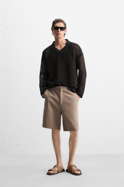 ZARA ПОЛО ИЗ РЕЛЬЕФНОЙ СЕТЧАТОЙ ТКАНИ, ЧЕРНЫЙ