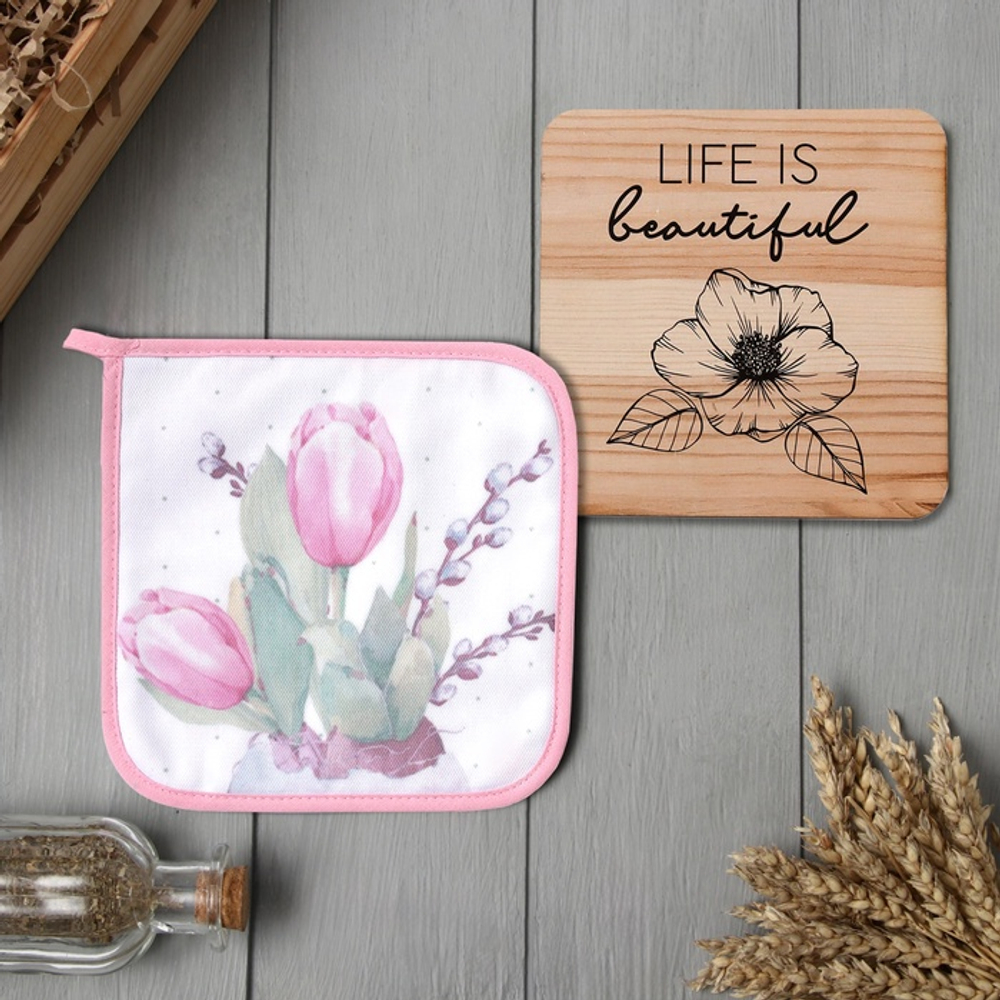 Набор кухонный «Тюльпаны»: прихватка 19×19 см, подставка под горячее