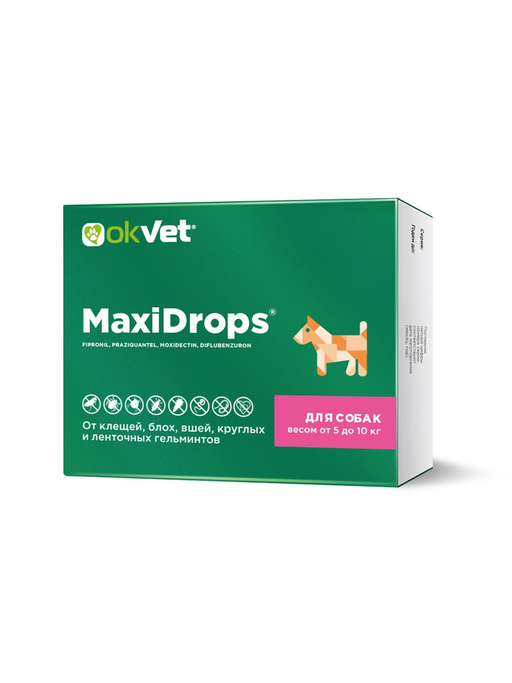 Капли от клещей и блох OKVET МаксиДропс для собак от 5 кг до 10 кг, туба по 1 мл
