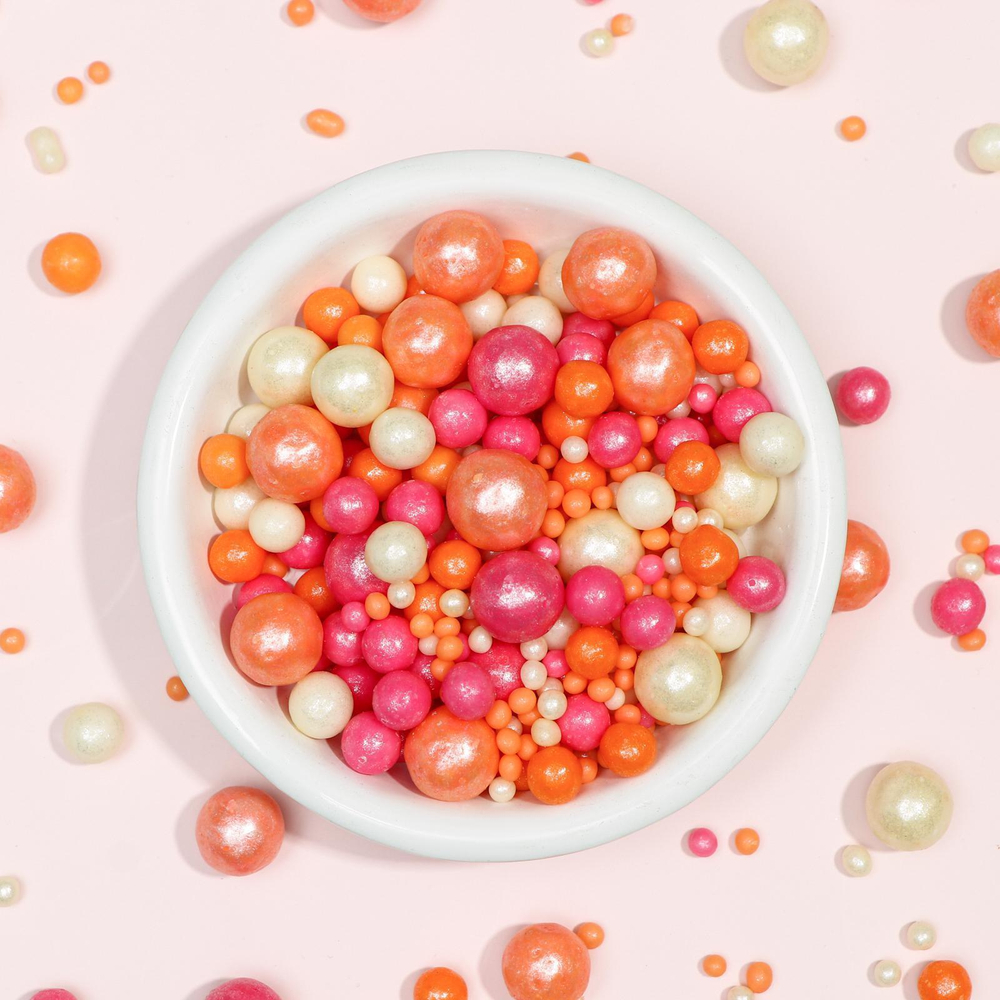 Шарики кранч персик,розов,сереб микс 100 гр.