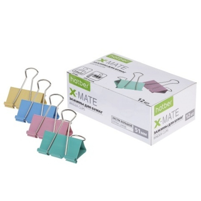 Набор Зажимы для бумаг Hatber X-Mate, 51 мм, ассорти, металл, 12 шт