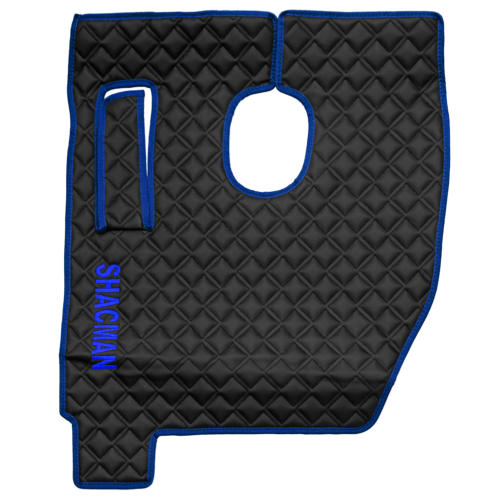 Ковры SHACMAN F3000 (экокожа, черный, синий кант, синяя вышивка)
