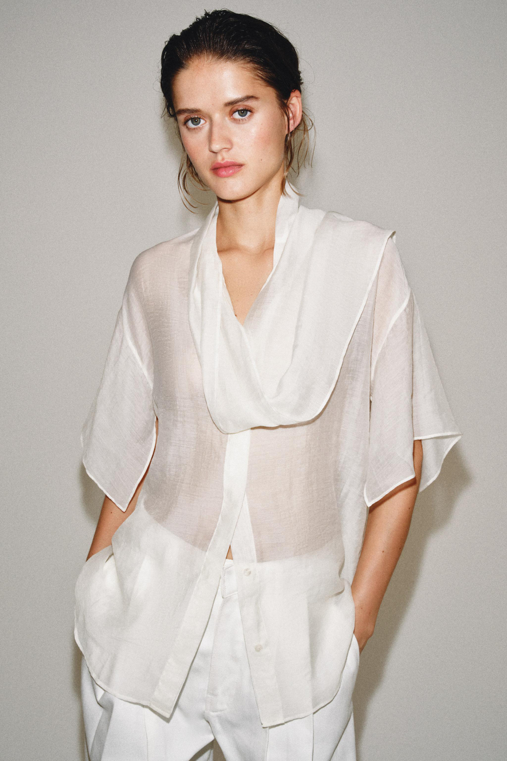 ZARA РУБАШКА С ШАРФОМ — ZW COLLECTION, БЕЛЫЙ