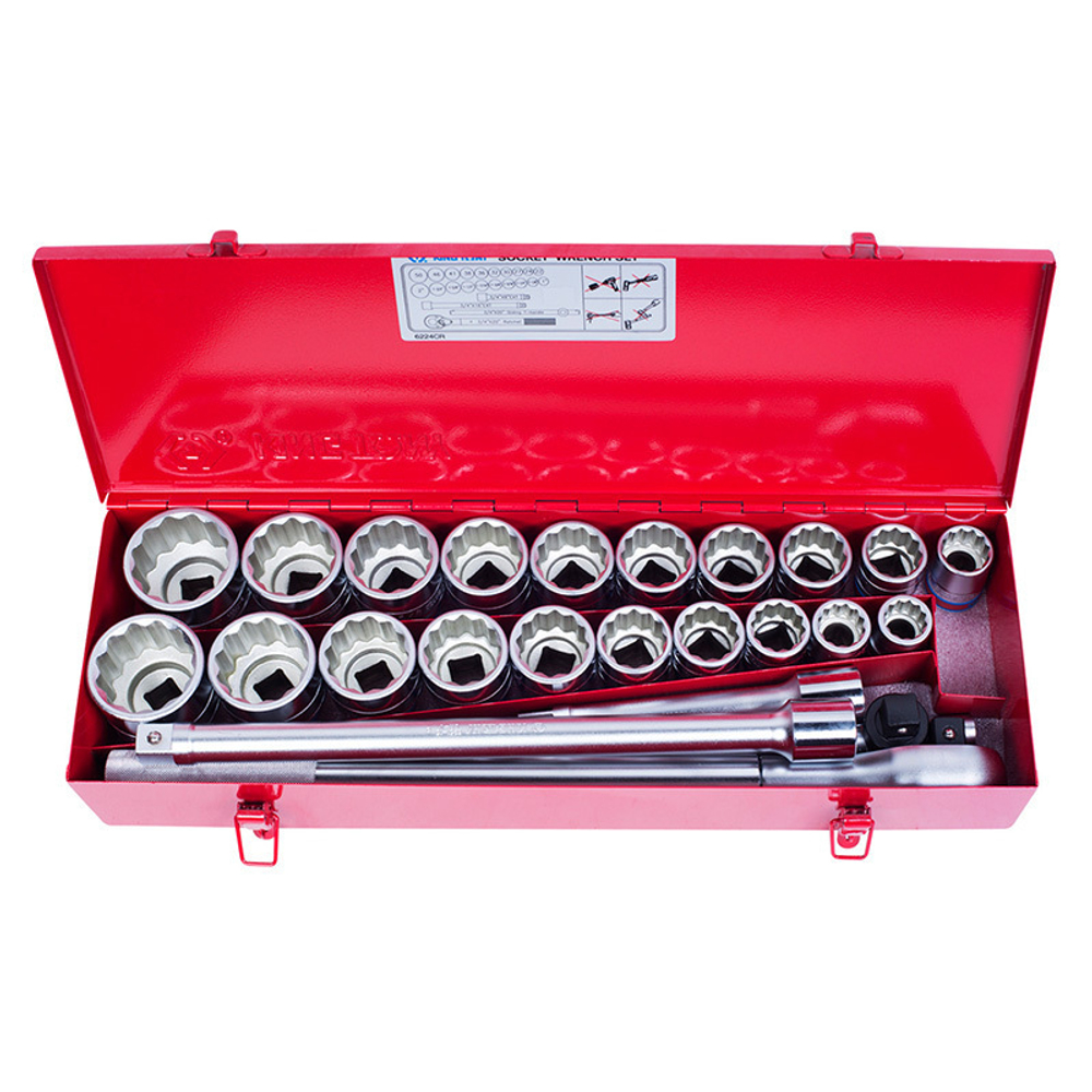 KING TONY (6224CR) Набор торцевых головок с принадлежностями 3/4", 12-гранные, 22-50 мм и 1"-2", 24 предмета