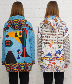 Двусторонняя куртка "Связь времён", по мотивам абстрактной живописи Жоан Миро и готического шрифта и иллюстраций из Бревиария короля Мартина Арагонского