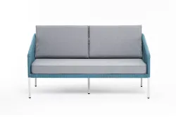 "Канны" диван 2-местный плетеный из роупа, каркас алюминий светло-серый (RAL7035) муар, роуп бирюзовый круглый, ткань светло-серая