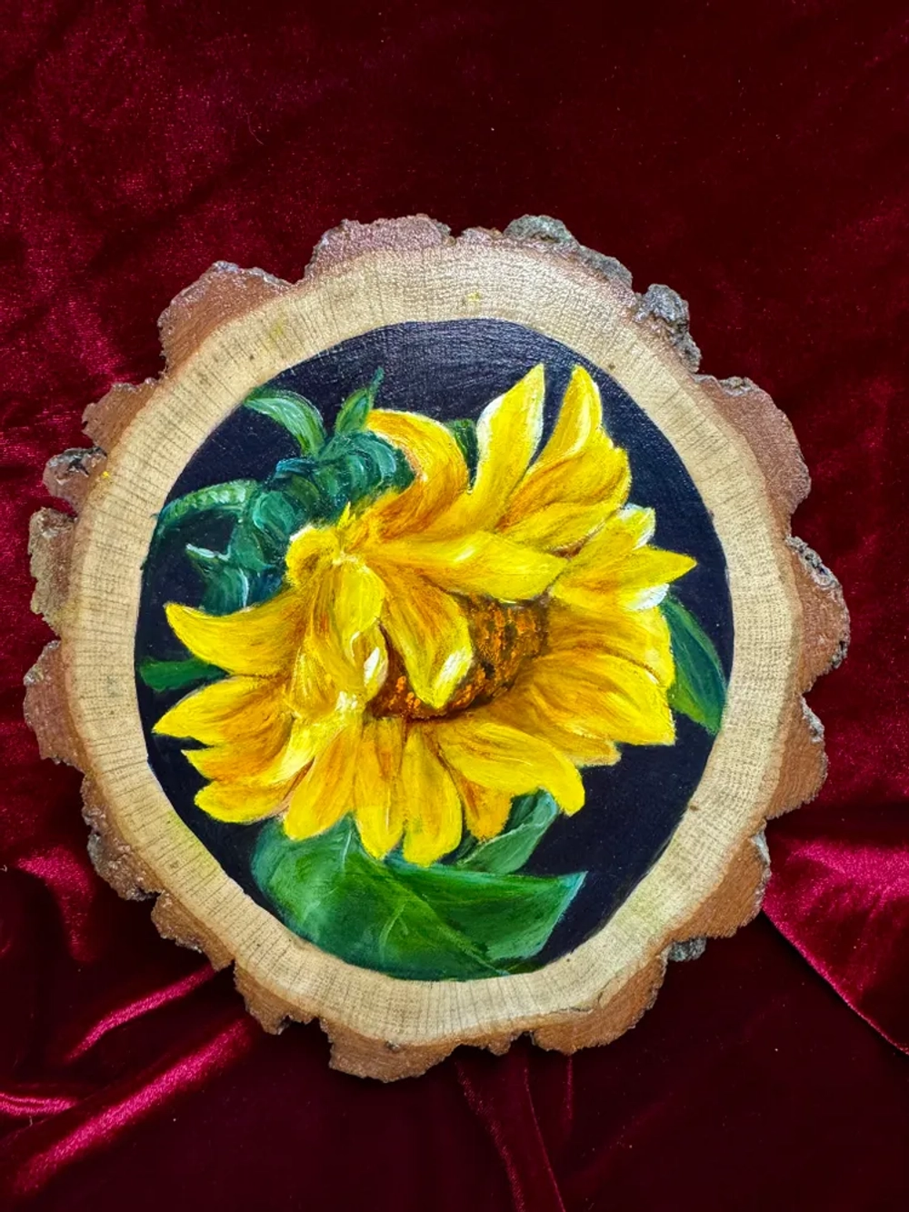 Подсолнух - картина маслом на срезе дуба с корой | Художница Ольга Ефимова