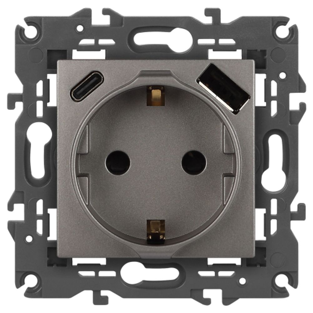 Розетка ЭРА Elegance 14-4108-16 2P+E 16A-250В со шторками с USB type-A+C 5В-3А титан