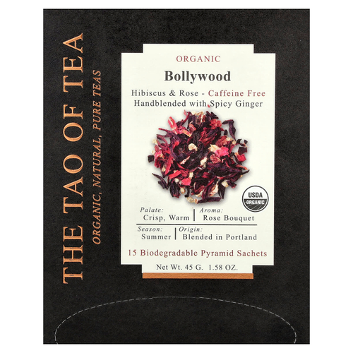 The Tao of Tea, органический Болливуд, гибискус и роза, без кофеина, 15 биоразлагаемых саше-пирамид, 45 г (1,58 унции)