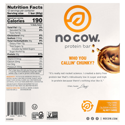 No Cow, протеиновый батончик, с кусочками арахисовой пасты, 12 батончиков по 60 г (2,12 унции)