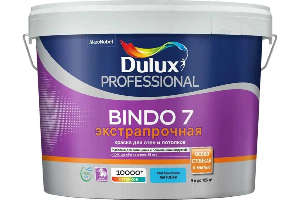 Краска экстрапрочная для стен и потолков, матовая, база BW 9 л DULUX BINDO 7 Биндо Дулюкс
