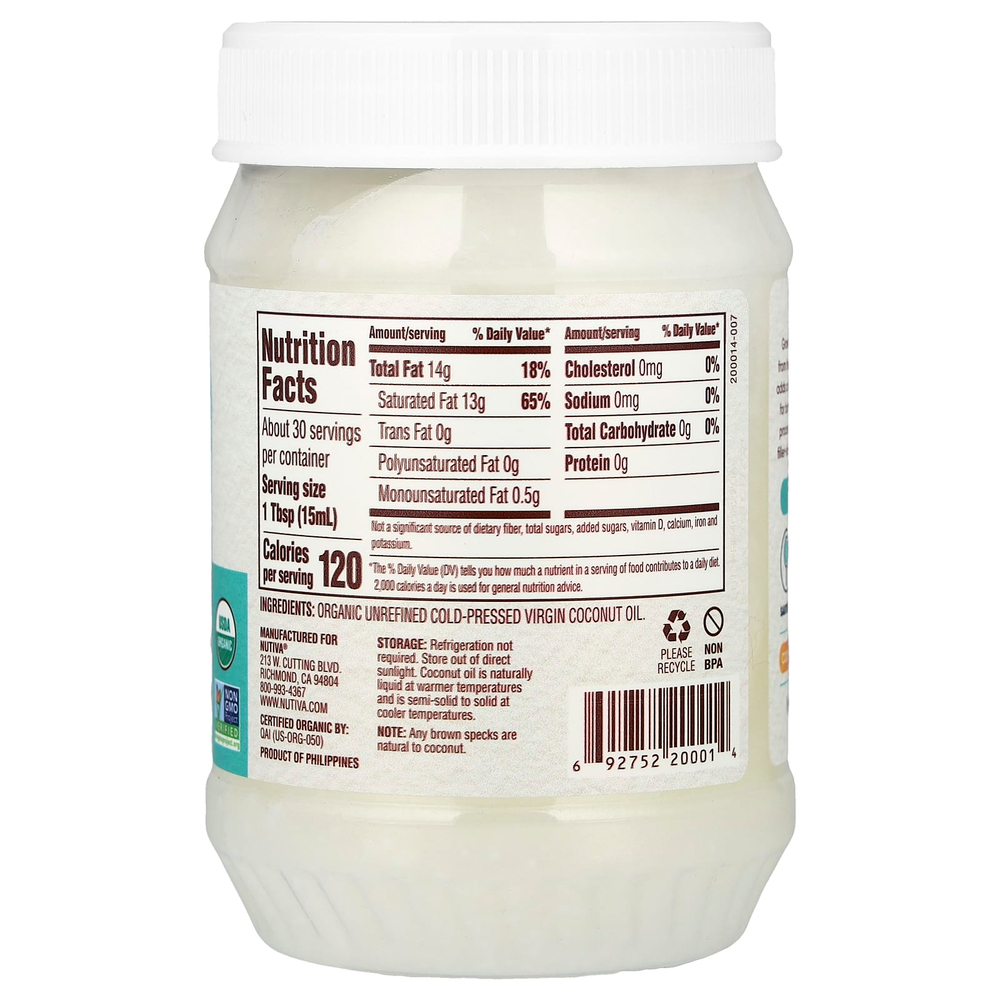 Nutiva, органическое кокосовое масло первого отжима, 444 мл (15 жидк. унций)