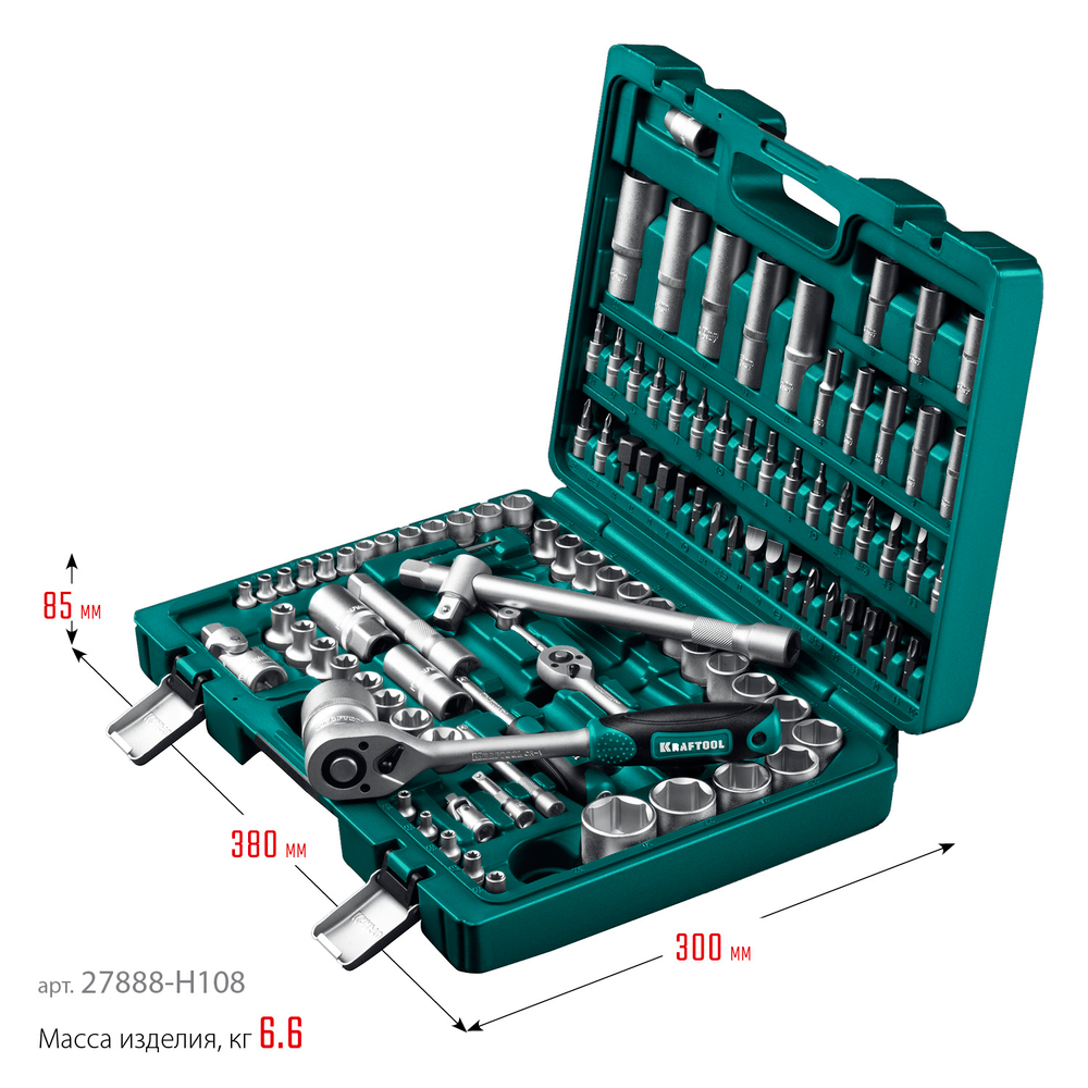 KRAFTOOL X-Drive 108, 108 предм., (1/2″+3/8″+1/4″), универсальный набор инструмента (27888-H108)