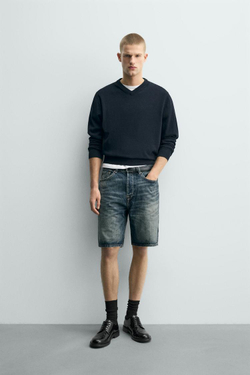 ZARA ДЖИНСОВЫЕ БЕРМУДЫ STRAIGHT FIT, ЗЕЛЕНОВАТО-СИНИЙ