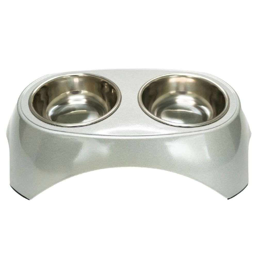 Миска SuperDesign на меламиновой подставке двойная Металлик 2x160 мл, белая Миска SuperDesign на меламиновой подставке двойная Металлик 2x160 мл, белая