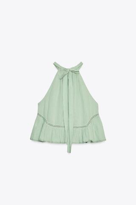 ZARA ТОП ИЗ ШИФОНА С ВЫШИВКОЙ, ВОДЯНИСТЫЙ ЗЕЛЕНЫЙ