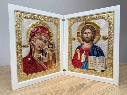 Складень, Казанская БМ, Молитва, икона прямоугольная, белое дерево, эмаль 260x420