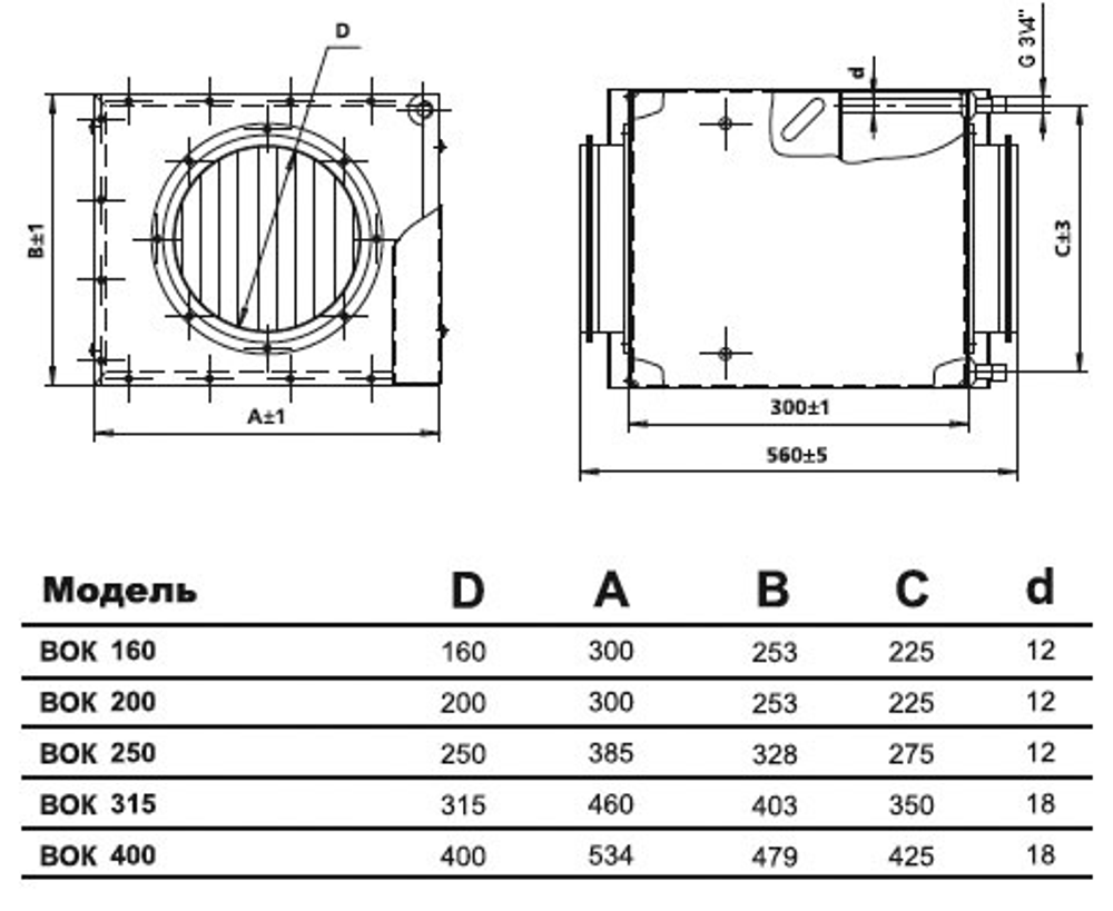 Водяной воздухонагреватель ВОК 250/2 - габаритные размеры