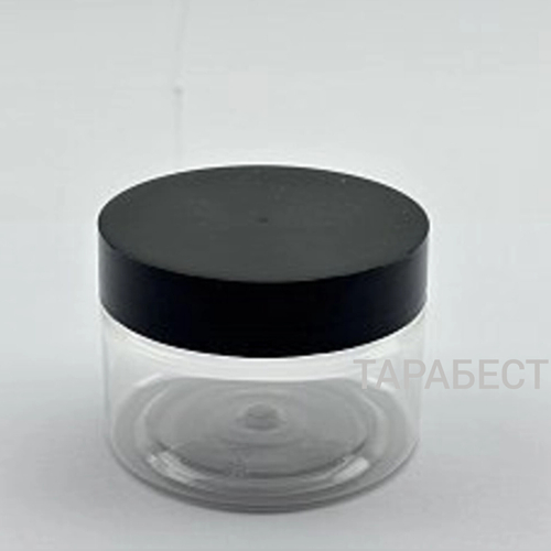 Банка 100 мл пластик прозрачная с черной крышкой (низкая)