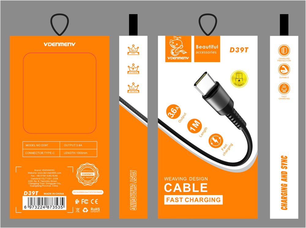 Кабель USB - TypeC DENMEN D39T 3.6A (черный) 1м