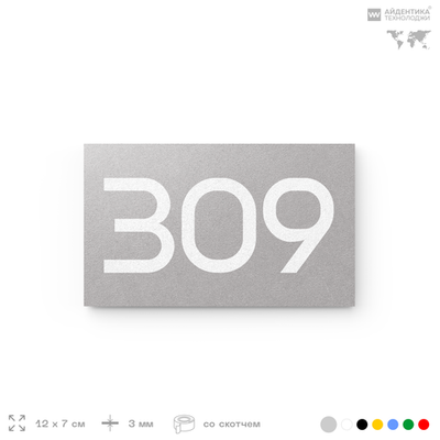 Номер на дверь 309, табличка на дверь для офиса, квартиры, кабинета, аудитории, склада, серая 120х70 мм, Айдентика Технолоджи