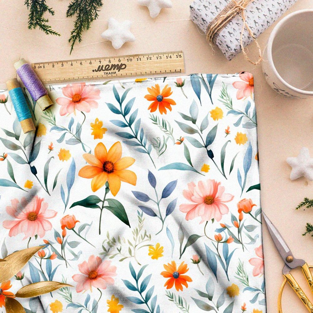 Ткань премиум шелк искусственный Армани цветочная акварель